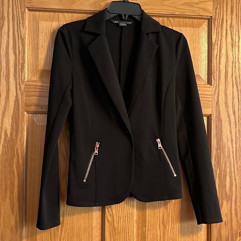 Armani Exchange fitted blazer with copper zippers and pleated detail XS
